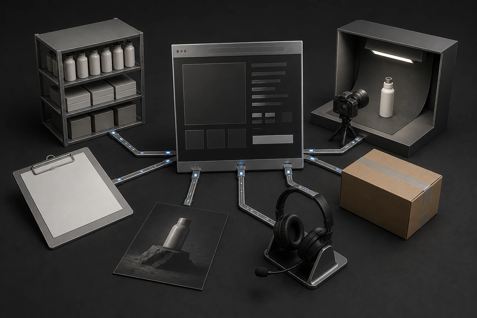 A storefront drawn as one system connected to the catalogue and operations behind it.