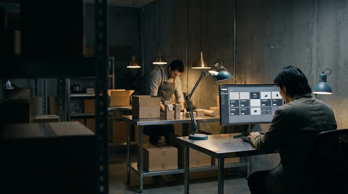 An ecommerce operator reviews an unbranded product journey while a colleague checks physical stock and packed orders.