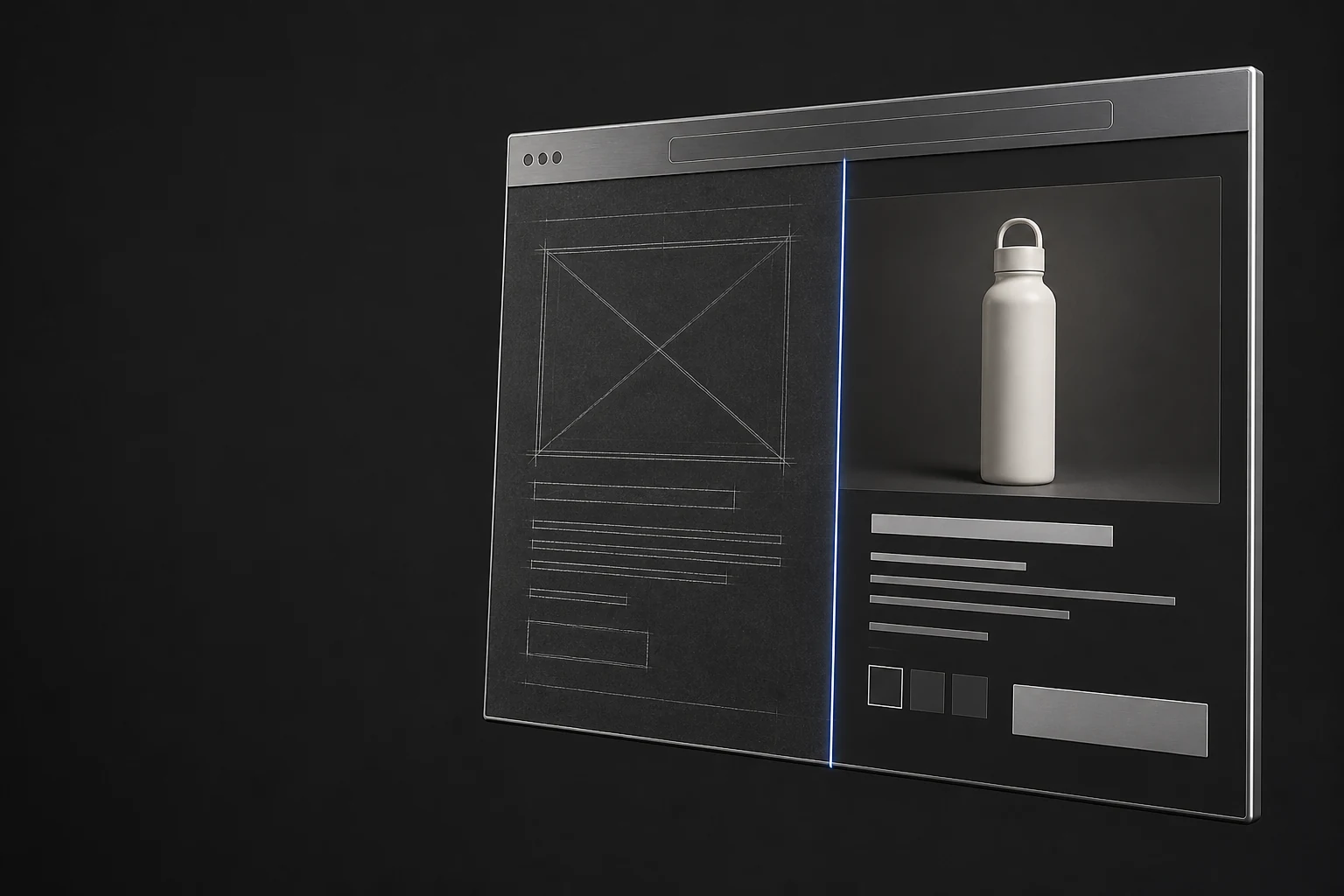 A web page held as a physical panel: a rough wireframe on the left, a finished product page on the right, split by a single blue seam.