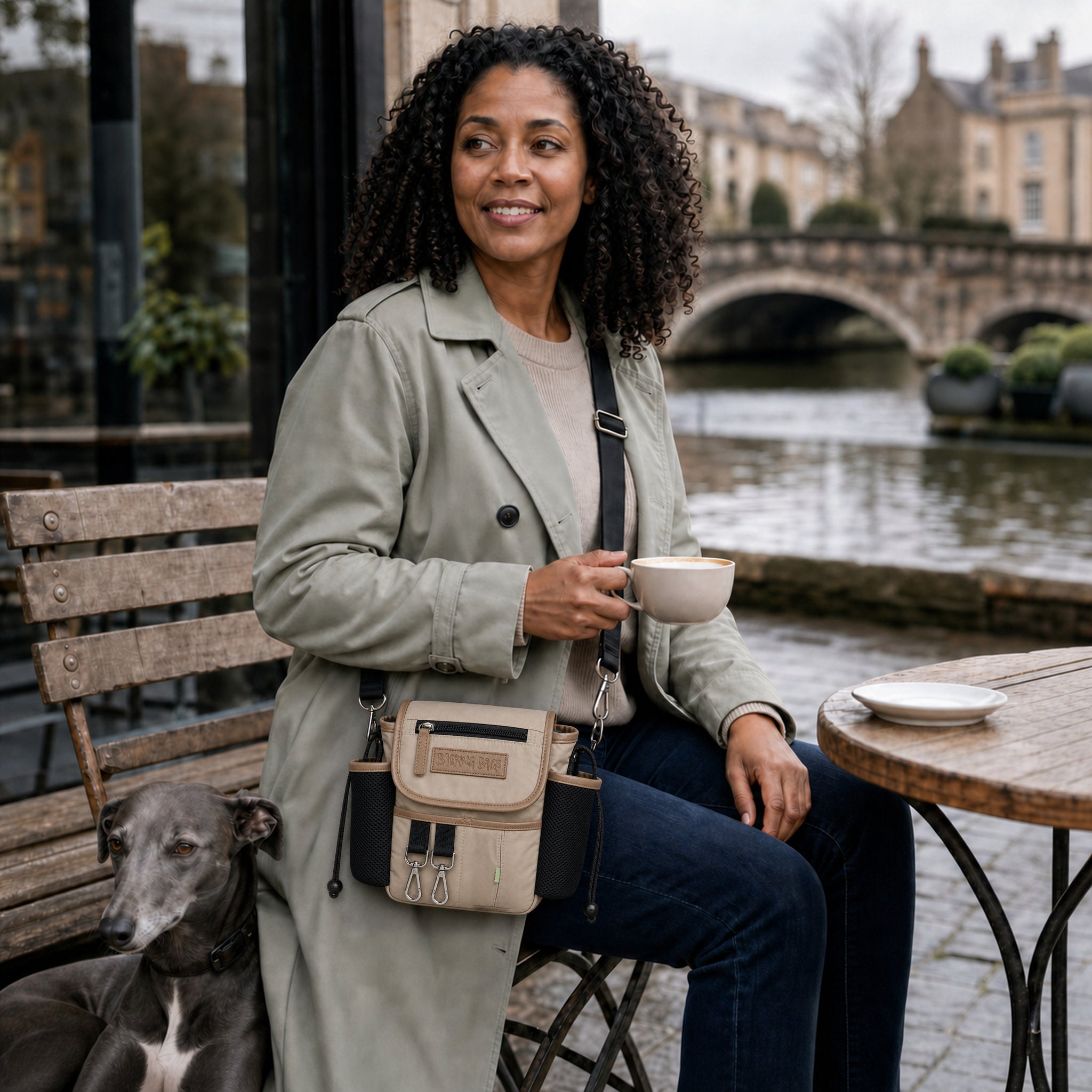 A woman at a riverside café table with a whippet beside her, wearing a Barking Bags cross-body dog-walking bag.